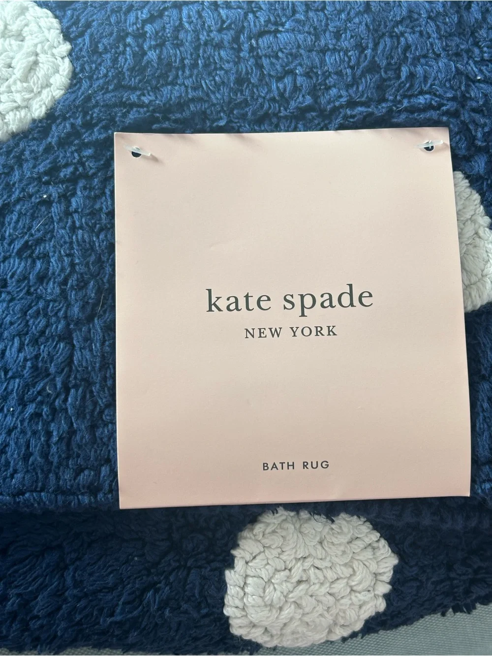 Kate Spade New York Navy Blue Polka Dot Bath Rug and curtain set